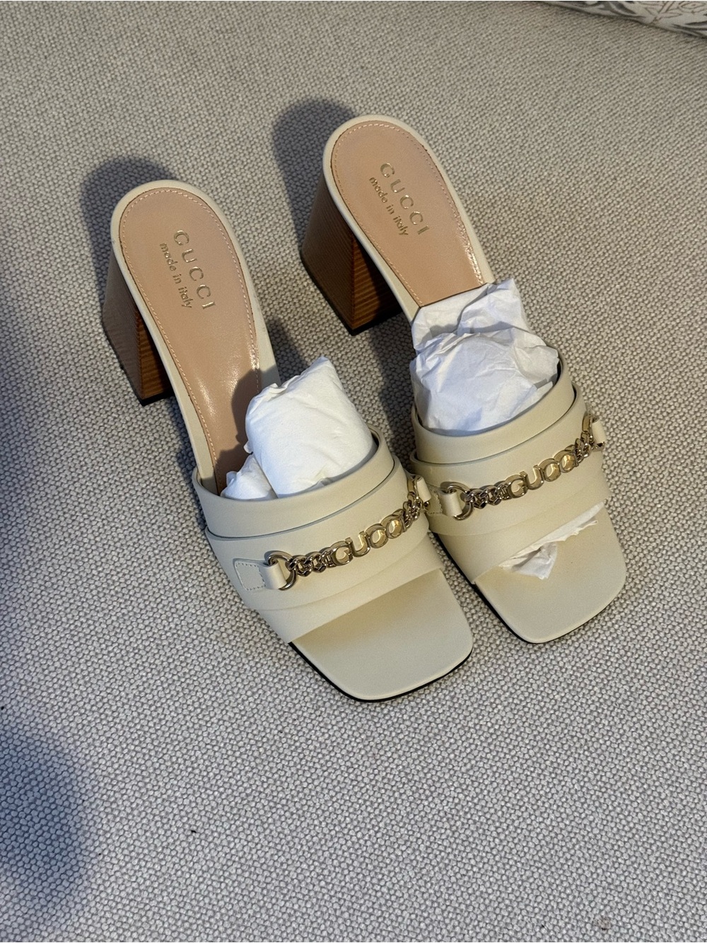 Gucci Cream Leather Chain-Link Block Heel Mules